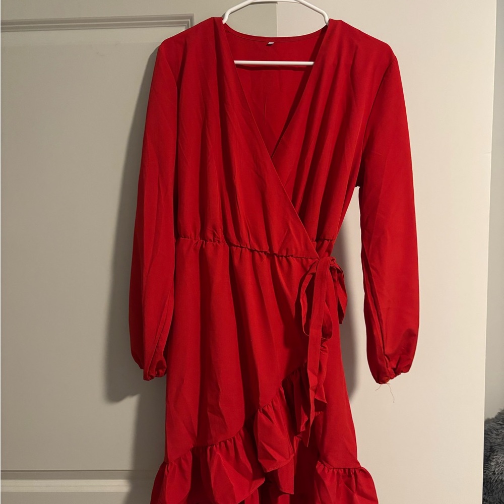 Red Wrap Dress with Ruffle Hem